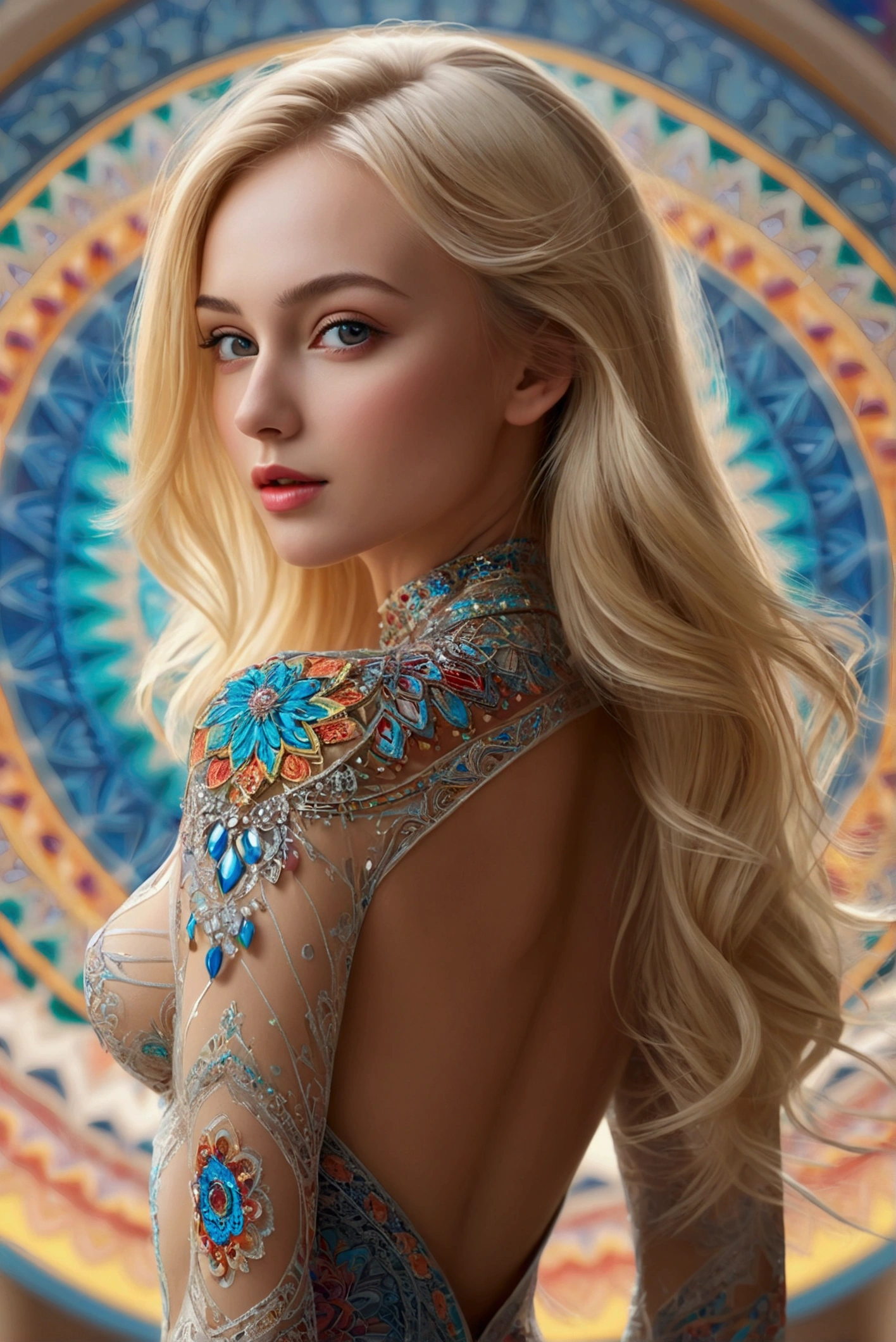 (photorealism:1.2), ((Sexy beautiful girl, cute, Russian beauty, 2, a thin fit body blonde)), ((Highest quality)), ((masterpiece)), (detailed), (masterpiece, best quality), 8K,(((Very detailed))), Race:1.8,Super intricate Race pattern, colorful Race pattern, Transparent body with colored glass background, Mandala, Light Up, cold, 1 female, Open back,