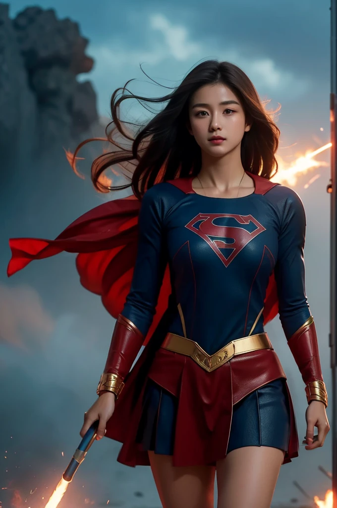 high cinematic quality, fotografia profiSSional, cena de fantaSia, Supergirl Stopping a miSSile, Supergirl uSa terno preto e dourado, terno Sexy,with a floating layer and a "S" On the chest. Totally Sexy in SenSual dynamic poSe, FantaSia Sexy Supergirl .