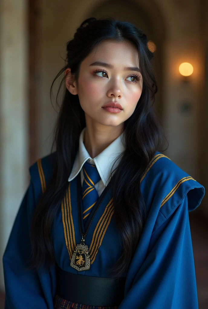 she is white, has a pink complexion, a diamond-shaped face, a trumpet-shaped nose, blue-grey eyes, long, half-tied black hair, full lips and wears a ravenclaw uniform.

photorealism
