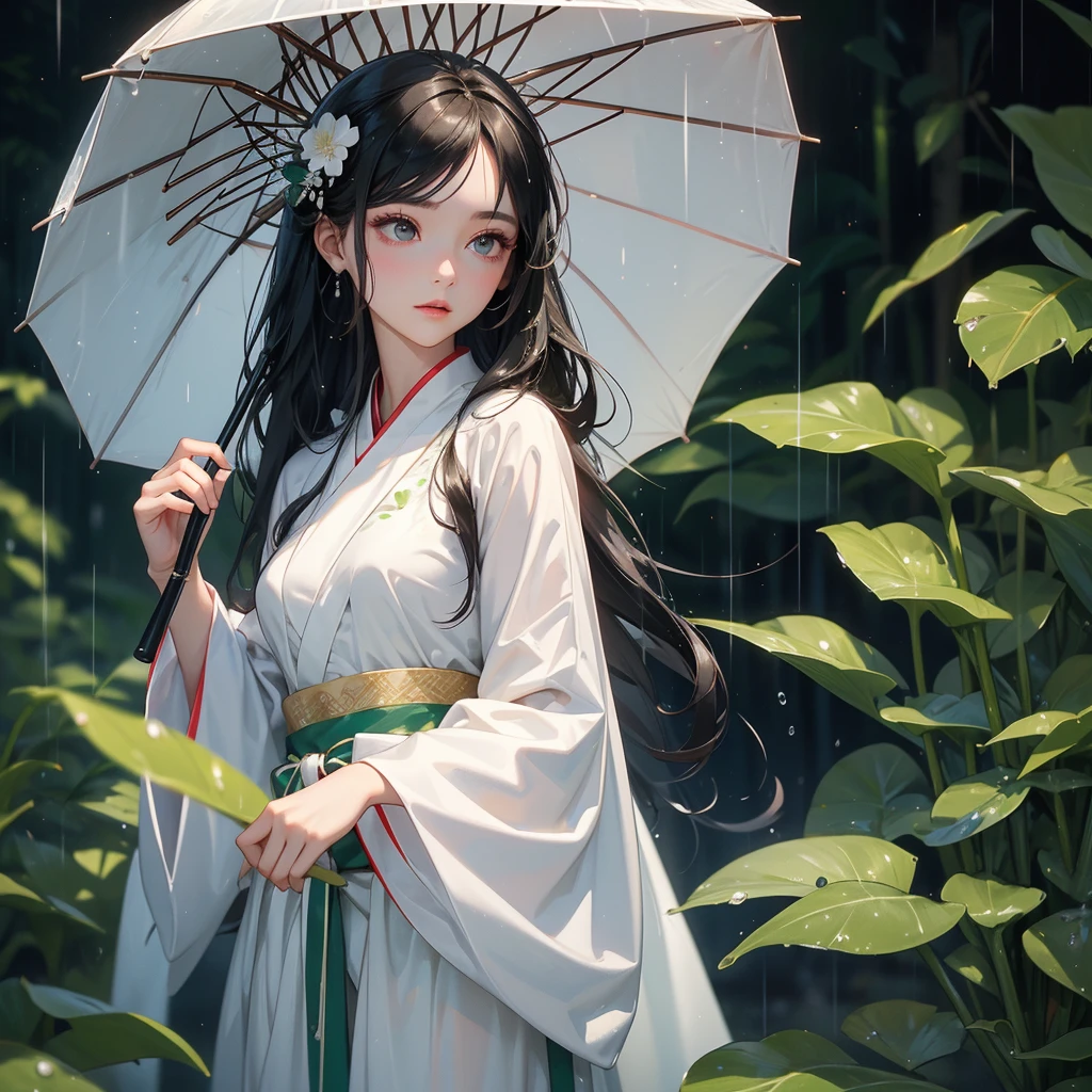 A black hair beautiful female in white hanfu dress , close up.
Stand holding an umbrella to protect from the rain. Rain fell and splashed around. There are water droplets falling on the leaves in the surrounding area, green and moist, the atmosphere after rain.
