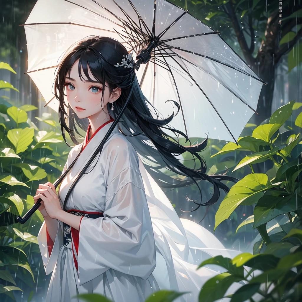 A black hair beautiful female in white hanfu dress , close up.
Stand holding an umbrella to protect from the rain. Rain fell and splashed around. There are water droplets falling on the leaves in the surrounding area, green and moist, the atmosphere after rain.