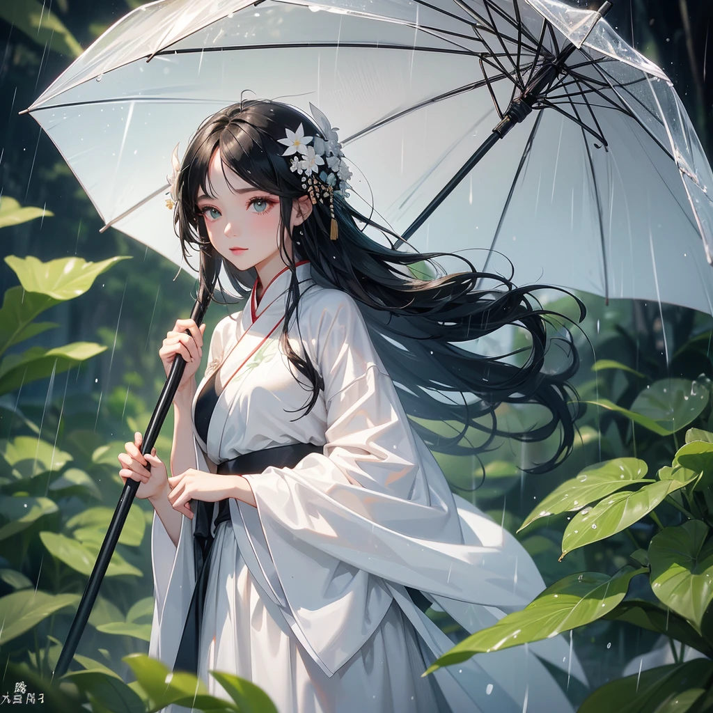 A black hair beautiful female in white hanfu dress , close up.
Stand holding an umbrella to protect from the rain. Rain fell and splashed around. There are water droplets falling on the leaves in the surrounding area, green and moist, the atmosphere after rain.