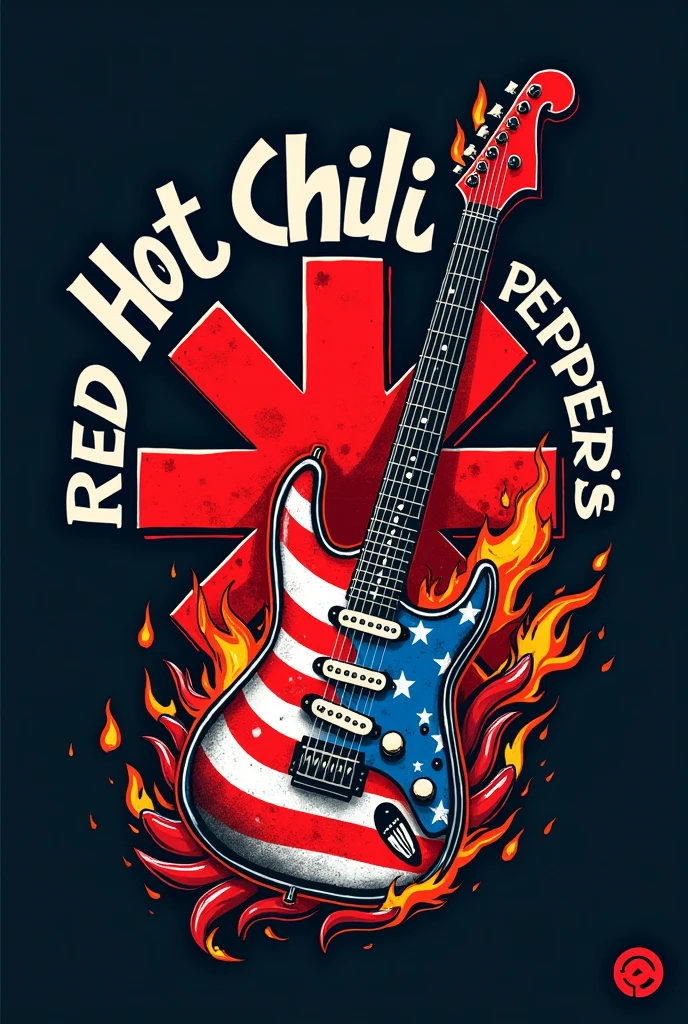 "Create a logo for the music band 'Red Hot Chili Peppers' that incorporates American political themes. The design should feature bold and dynamic elements to reflect the band's energetic and rebellious style. Include a variation of the iconic red asterisk, but blend it with subtle hints of American political imagery, such as abstract representations of the U.S. flag, stars, or stripes.Feature a stylish electric guitar with an American flag motif, where the guitar body is painted with stars and stripes. Integrate flames and chili peppers that intertwine around the guitar neck, giving a dynamic, fiery effect. The band's name, "Red Hot Chili Peppers" should be in bold, graffiti-style lettering that appears to be scorched or singed at the edges, conveying a rebellious spirit. The color scheme should primarily use red, white, and blue to emphasize the American theme, while maintaining a rock-and-roll aesthetic. The overall design should be visually striking and easily recognizable as a modern take on the band's identity with a political twist."