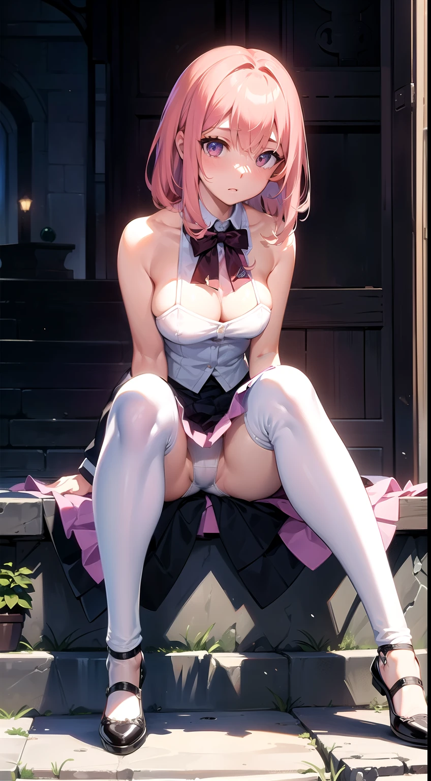 Random Pause,From below,(Movie-like scene,Fantasy art,Best image quality,Hyperrealistic portraits,(8k),Ultra-realistic,最high quality,high quality,High resolution,high qualityな質感,Attention to detail,beautiful,detailed,Extremely detailed CG,detailed Texture,Realistic facial expressions,masterpiece,in front,dynamic,bold),非常にdetailedな肌,(curve,),beautiful胸,(Large Breasts:1.2),White skin,Pointed Chest,Erect nipples,short hair,(Ultra-fine hair),(Very soft hair),(Super Straight Hair),length, flowing bangs,Very light coppery amber hair,Hair above one eye,(Pornographic images)Pink hair is the best, masterpiece, High resolution, (Head to toe full body), front, frontややFrom belowの構図, Symmetric, , alone, (Head to toe), (Small breasts)), (Sit with your legs apart), (Crouching pose), (Composition showing white panties), (Her legs were spread、I see your white pants.), (I was made to sit on the floor with my legs spread..), (M-shaped legs), Thin legs, Very beautiful and tall, (No shoes), blush, Shy big eyes, looking at the camera, Blazer Uniform, Checkered Pleated Skirt,Anime heroine