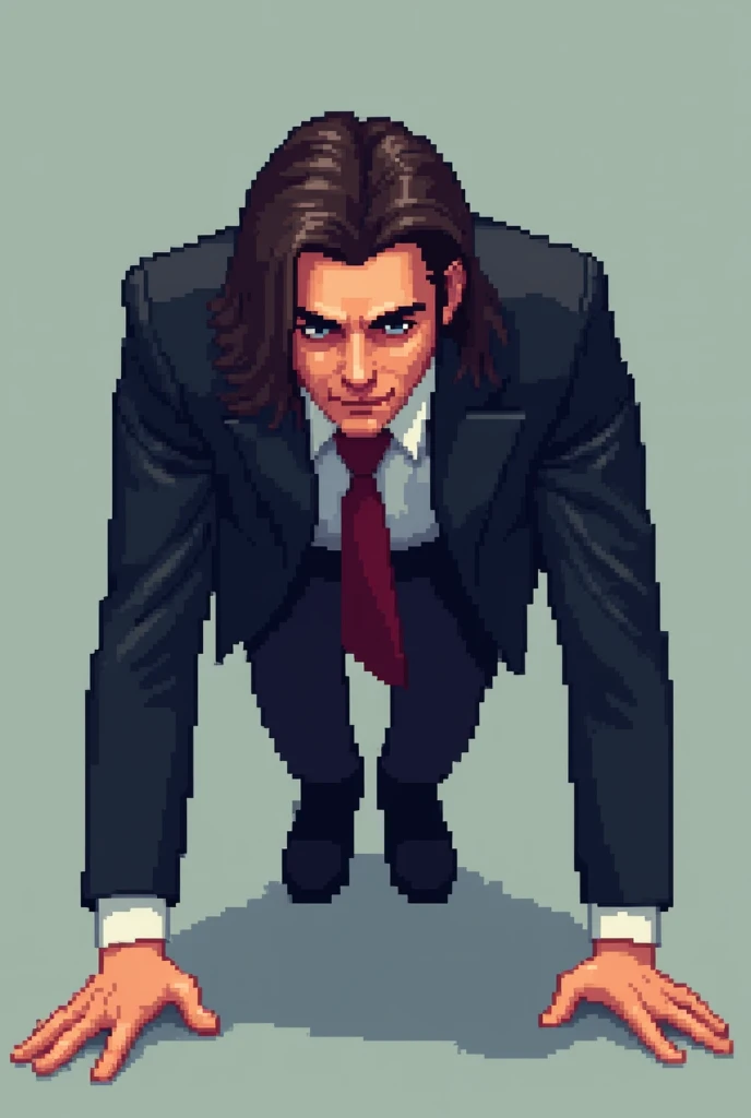 A pixel art style image of a man in a suit with long hair doing push-ups. The man is positioned in a push-up position, with hands on the floor and body aligned, as if exercising.
He is wearing a smart, well-fitting suit., Dark in color, such as black or navy blue. Long hair is detailed with different shades of brown or black. Despite being in an exercise position, the suit should look well-fitting and yet elegant.
The expression on the man's face is one of effort., but with a touch of determination and confidence. The background of the image is simple, so as not to divert attention from the character. It can be a solid color background or one with few details to keep the focus on the action of the man doing push-ups.. The lighting is soft, with shadows cast to give depth to the scene.