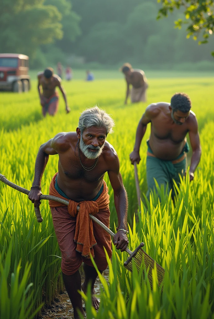 Indian farmers working in paddy field with tractor and harvesting machines