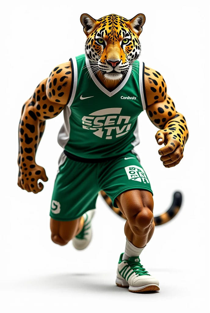 Full body jaguar, WITH WHITE BACKGROUND, wearing a green and white sports uniform that says ESEN TV 