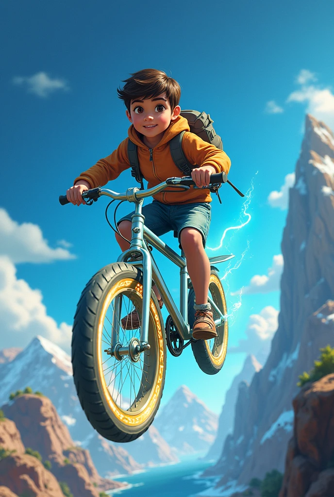 Sam rides the glowing bicycle once again, this time on different adventures. In the background, there are scenes of him flying over various landscapes—mountains, oceans, and distant lands. The bicycle continues to glow, symbolizing the endless possibilities and adventures that await."