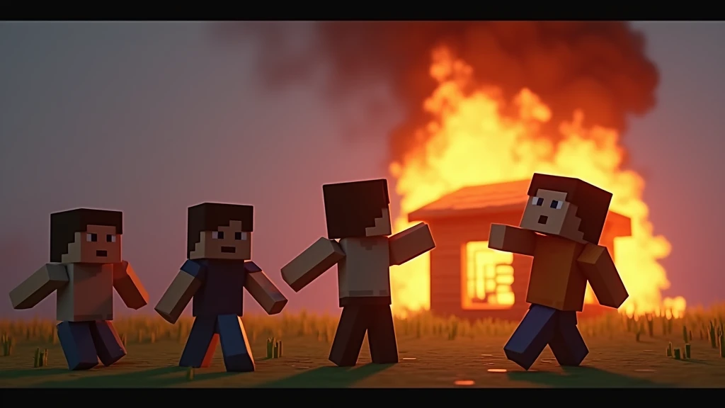 A Minecraft-themed scene with a pixelated house on fire in the background, flames, and smoke rising from the structure. In the foreground, four Minecraft characters (with blocky bodies and pixelated faces) are standing, each with different expressions like shock, fear, or determination. The characters should be wearing typical Minecraft outfits and be in various poses reacting to the burning house. The overall scene should be vibrant and attention-grabbing, perfect for a YouTube thumbnail 8k