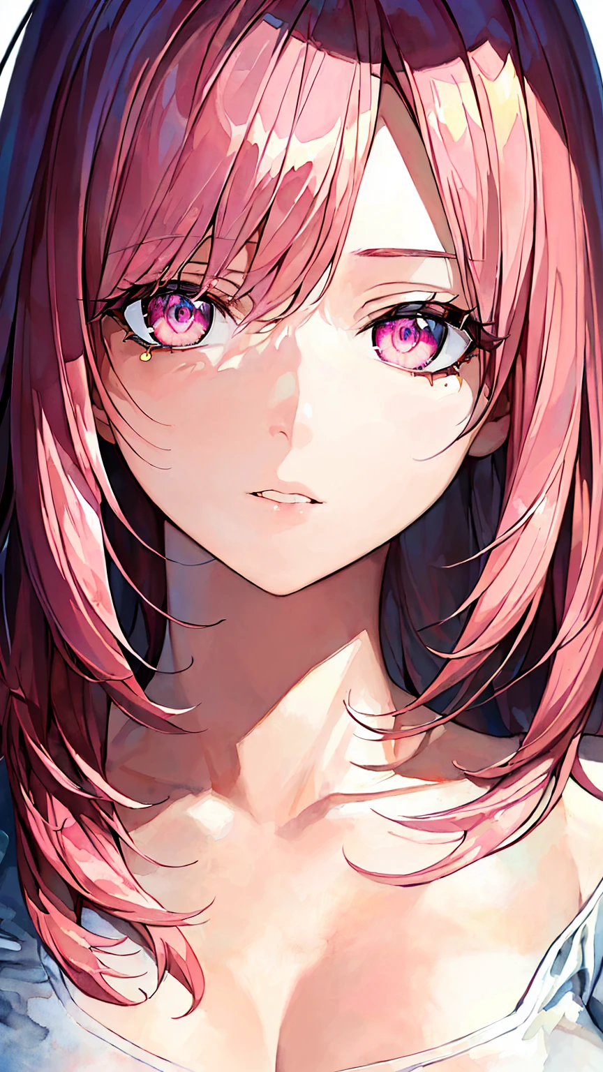 (masterpiece),(Highest quality:1.1),(Very detailed),Best illustrations,In detail,(Portraiture:1.1),(Intense close-up),Watercolor)floating,One girl,alone,,slim,(Very delicate and beautiful face),(fine pink eyes),Pink thick lips,(Disheveled Hair),(Wearing a loose T-shirt),Soft and lazy,(Simple Background:1.2)Overall colored background,clear,4K