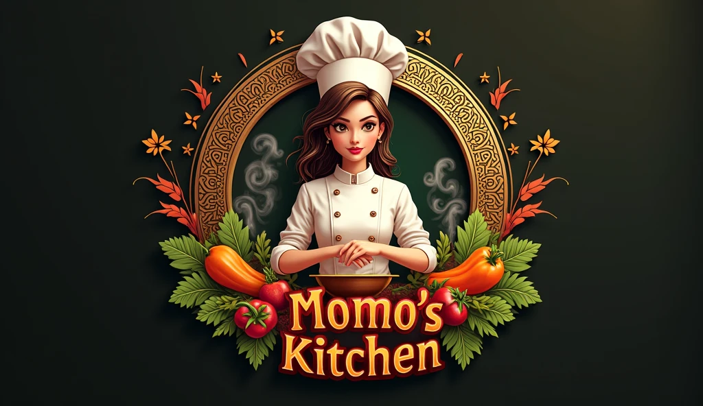 Create a highly detailed photorealistic 8K logo for "Momo's Kitchen," focused on Pakistani-style cuisine with a female-oriented design. The logo should feature a chef character, incorporating warm colors and appetizing ingredients like vegetables. Include steam or smoke effects, intricate patterns, and detailed Pakistani ornamental elements. The text should be styled with detailed calligraphy, reflecting a natural, dynamic composition. Ensure the design is both elegant and inviting, resonating with the feminine theme of the brand.