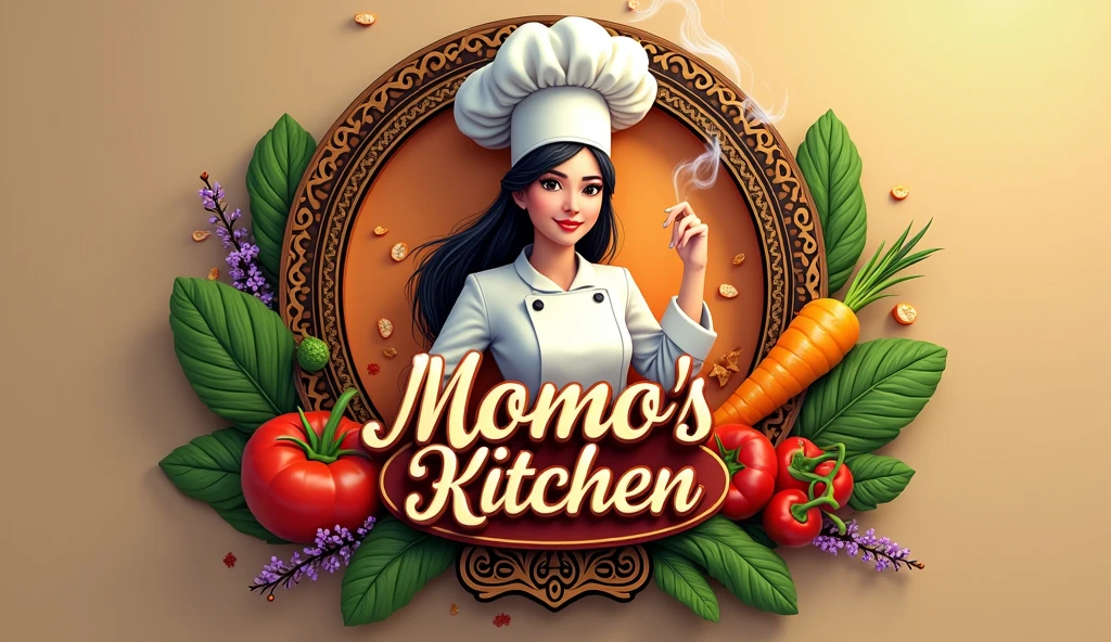 Create a highly detailed photorealistic 8K logo for "Momo's Kitchen," focused on Pakistani-style cuisine with a female-oriented design. The logo should feature a chef character, incorporating warm colors and appetizing ingredients like vegetables. Include steam or smoke effects, intricate patterns, and detailed Pakistani ornamental elements. The text should be styled with detailed calligraphy, reflecting a natural, dynamic composition. Ensure the design is both elegant and inviting, resonating with the feminine theme of the brand.