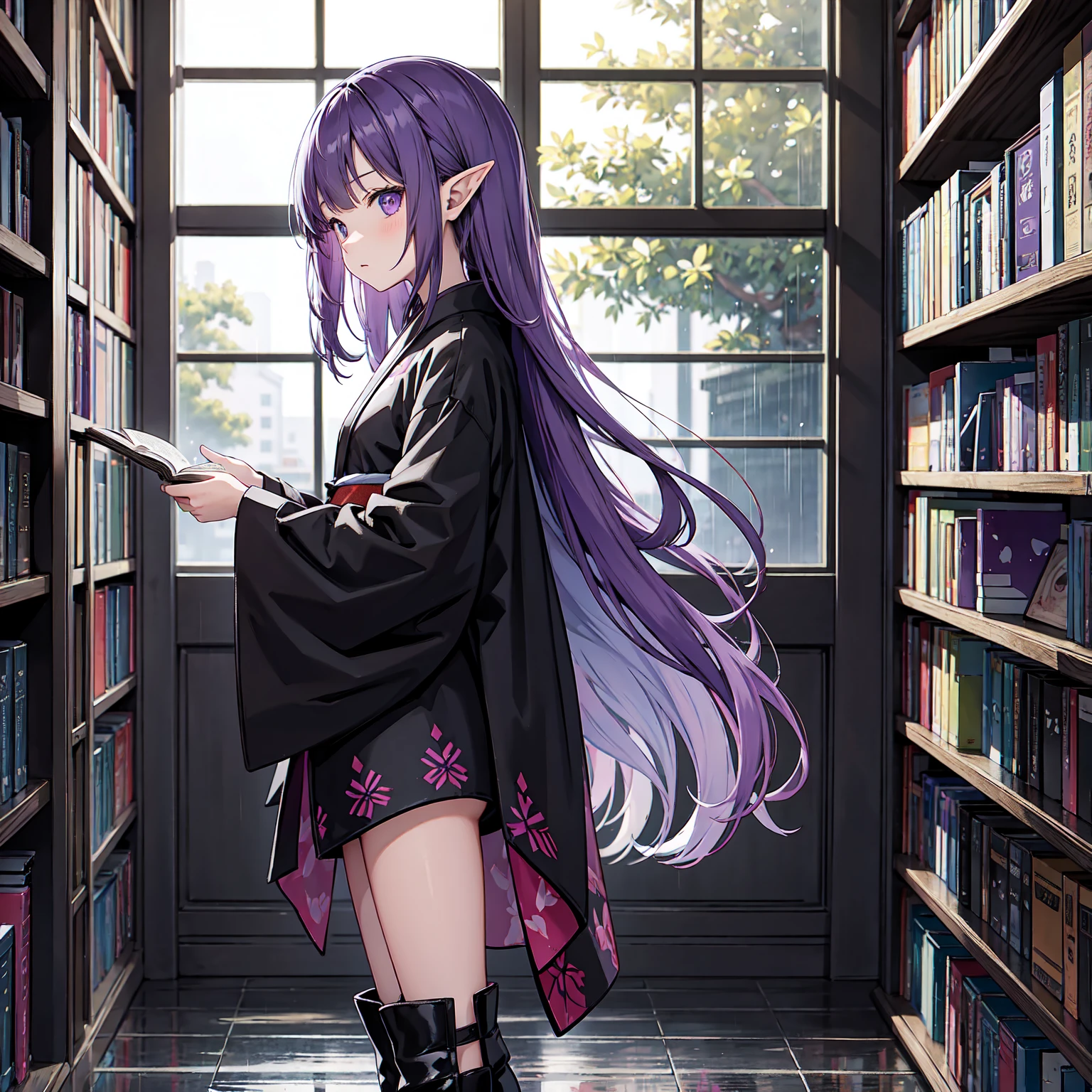 A girl takes a book from a bookshelf. She is fishing through the bookshelf. Which book shall I choose? Vivid. Nostalgic. Purple hair. A girl with long purple hair. Pointy elf ears. Her clothes are simple: a black robe with wide sleeves and a black miniskirt. Her knees stick out. V-shaped white inserts on the front like a kimono. Black boots. Standing figure. Background: heavy rain outside window at night, library, no other people. Unoccupied, dilapidated library. Lots of bookshelves lined up. Outside, night, rain.