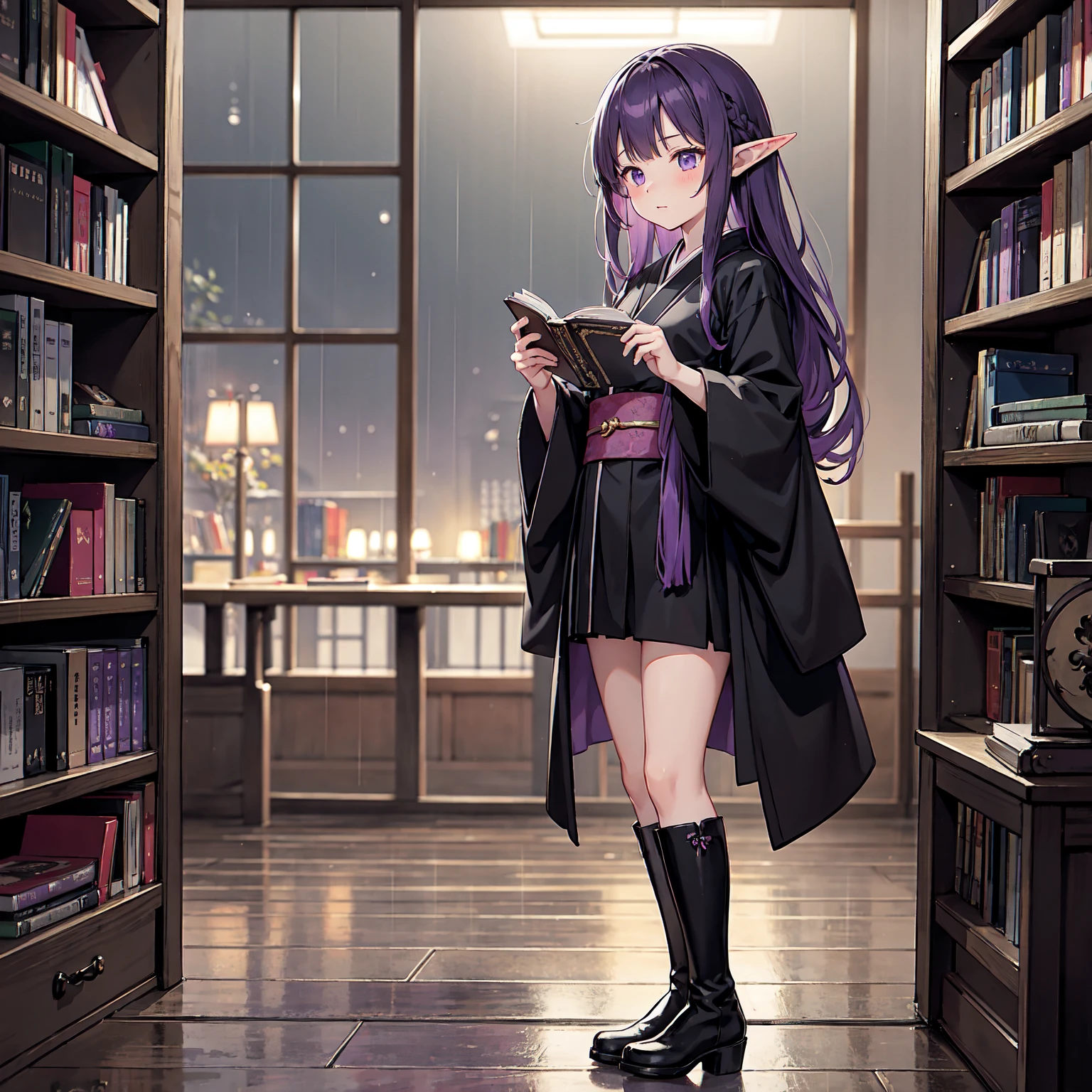 A girl takes a book from a bookshelf. She is fishing through the bookshelf. Which book shall I choose? Vivid. Nostalgic. Purple hair. A girl with long purple hair. Pointy elf ears. Her clothes are simple: a black robe with wide sleeves and a black miniskirt. Her knees stick out. V-shaped white inserts on the front like a kimono. Black boots. Standing figure. Background: heavy rain outside window at night, library, no other people. Unoccupied, dilapidated library. Lots of bookshelves lined up. Outside, night, rain.