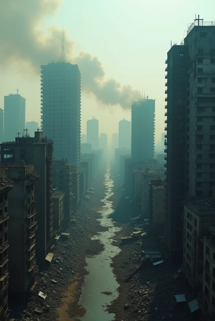 A drone shot of post war torn mumbai city, dark tones, skyscrapers destroyed, volumetric smoke. Wide angle shot.