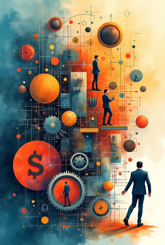 Create three-dimensional gears, circles, and squares, currency, graph lines, and many businessman images. Using watercolor and mixed media Use bright colors The light source is in the upper right corner. --ar 2:3