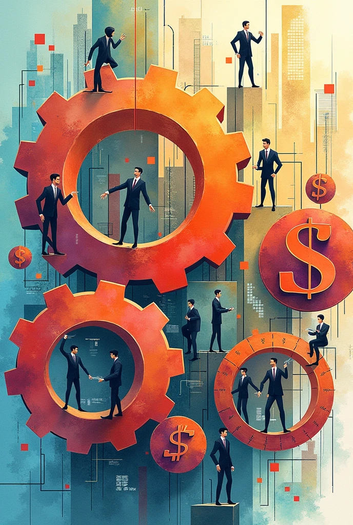 Create three-dimensional gears, circles, and squares, currency, graph lines, and many businessman images. Using watercolor and mixed media Use bright colors The light source is in the upper right corner. --ar 2:3