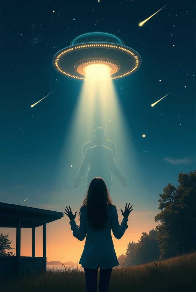 long exposure of starry sky with many circular orbits, focus on the stars, a flying saucer, radiates light downwards,silhouette of a young European woman with long hair with her hands up in surprise, shelter, Looking up,golden ratio,shooting stars, two of them yellow,silhouette of a luminous human outline in front of her