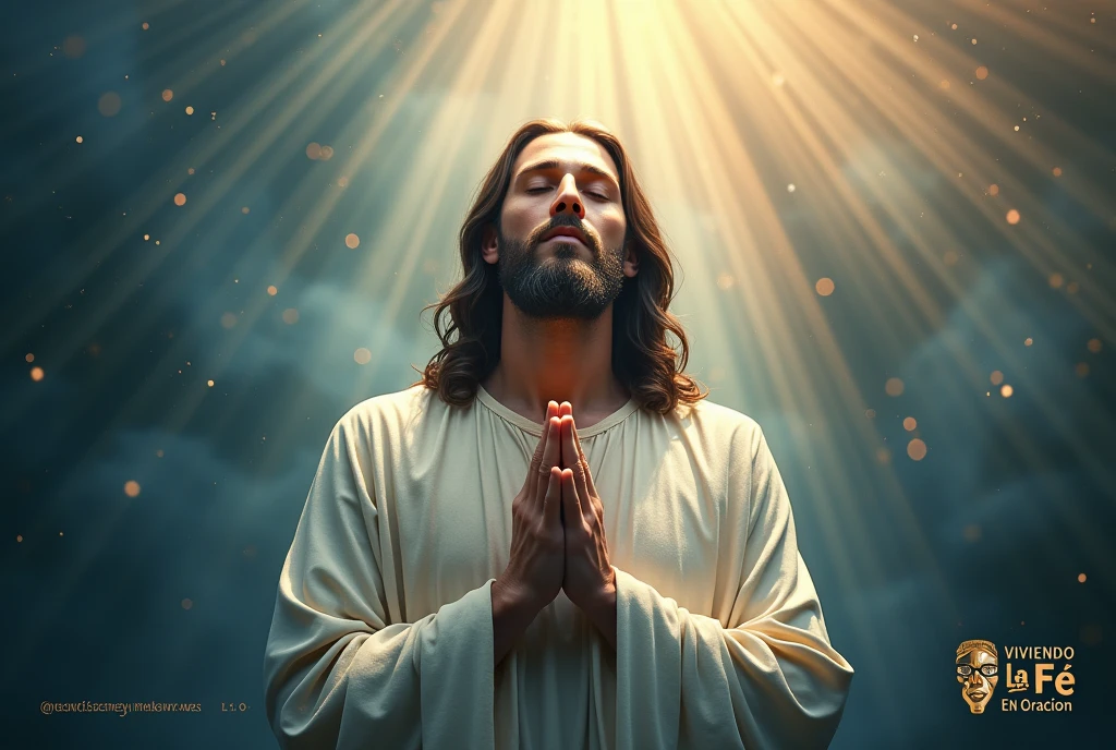 "Create a thumbnail with a central image of Jesus in prayer, with hands together and eyes closed. Add a large, legible text 'Oración de la Mañana' at the top and 'Día Bendecido' at the bottom, using contrasting colors. Include visual elements like sunbeams around the person and use a soft color palette like blue and gold. Don’t forget to add the logo of the channel 'Viviendo la Fe en Oración' in one of the corners."