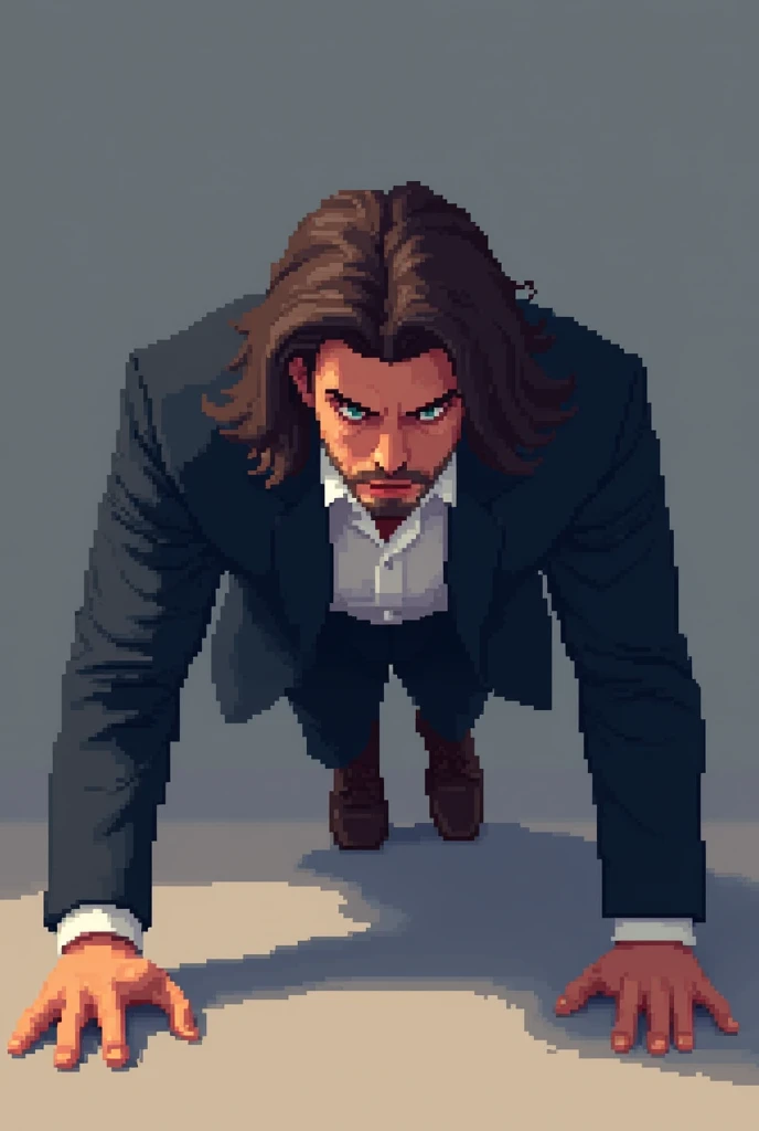 A pixel art style image of a man in a suit with long hair doing push-ups. The man is positioned in a push-up position, with hands on the floor and body aligned, as if exercising.
He is wearing a smart, well-fitting suit., Dark in color, such as black or navy blue. Long hair is detailed with different shades of brown or black. Despite being in an exercise position, the suit should look well-fitting and yet elegant.
The expression on the man&#39;s face is one of effort., but with a touch of determination and confidence. The background of the image is simple, so as not to divert attention from the character. It can be a solid color background or one with few details to keep the focus on the action of the man doing push-ups.. The lighting is soft, with shadows cast to give depth to the scene.