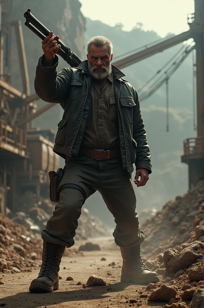 A gangster at mining area with shot gun holding to ready for shoot