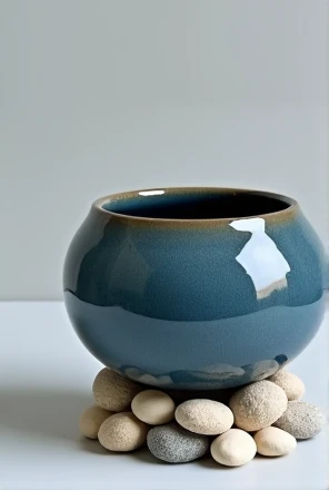 Make an ocean blue pottery, With Details, glass style, but with nothing inside, at the base do something different and innovative, make the base as if it were made of pebbles, the stones can be, as if it were ceramic, nothing apart, something reminiscent of the ocean