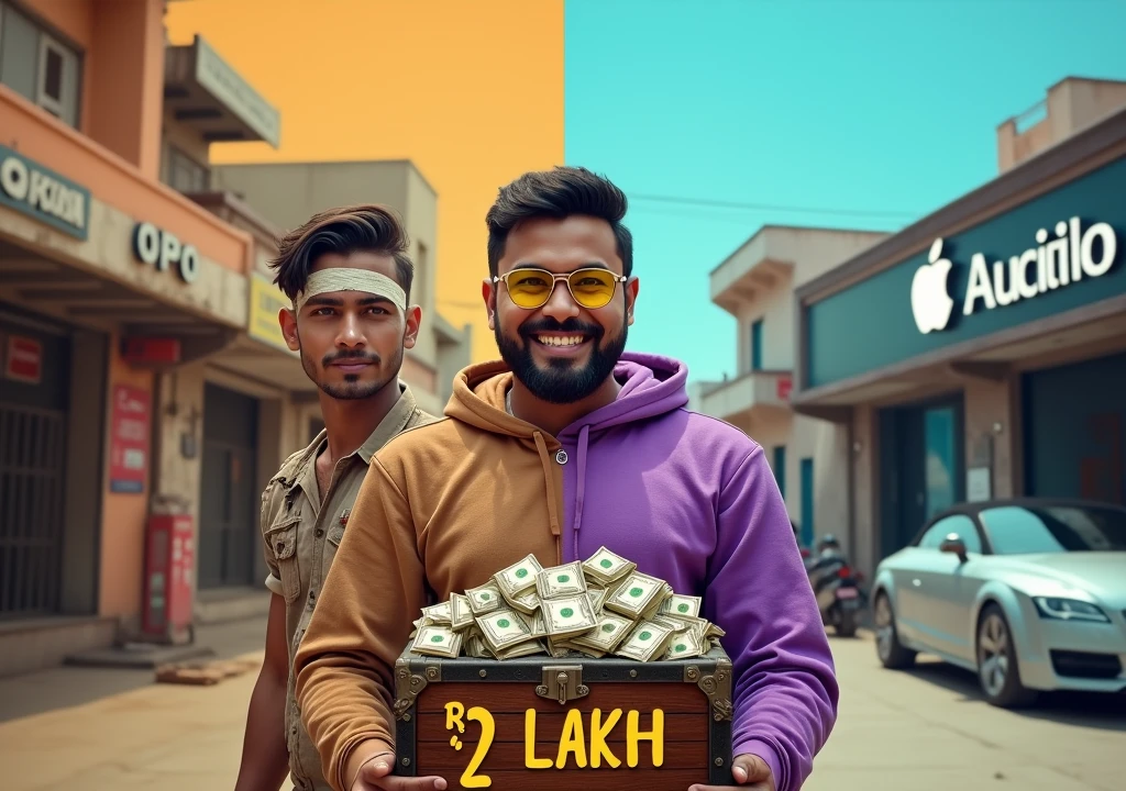 Create a contrasting thumbnail image that illustrates the difference between 'POOR' and 'RICH.' On the left side, depict a young man with a dirty face, wearing a torn shirt and a bandage around his head, standing in front of a small, cluttered shop with signs for Nokia and Oppo, with a warm orange background. The word 'POOR' is displayed in bold red text at the top left. On the right side, show a clean, well-dressed young man wearing yellow-tinted glasses and a purple hoodie, standing in front of a sleek Apple store with a luxury Audi car parked nearby, against a bright blue sky. The word 'RICH' is displayed in bold red text at the top right. In the center of the image, place a large chest overflowing with cash, labeled 'Rs. 2 Lakh' in bold yellow and red text. A smiling man with a neatly trimmed beard is positioned in the middle, appearing between the two contrasting sides, creating a striking and eye-catching visual."