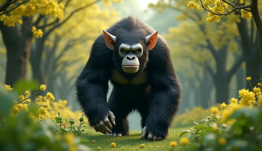 Front view,There is a wild beast in the osmanthus forest,Looks like an ape with white ears,Standing and walking(best quality,4K,8k,High level,masterpiece:1.2),Ultra Detailed,(lifelike,Photo real,Photo real:1.37)