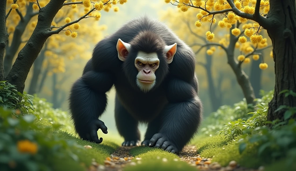 Front view，There is a wild beast in the osmanthus forest，Looks like an ape with white ears，Standing and walking（best quality，4K，8k，High level，masterpiece：1.2），Ultra Detailed，（lifelike，Photo real，Photo real：1.37）