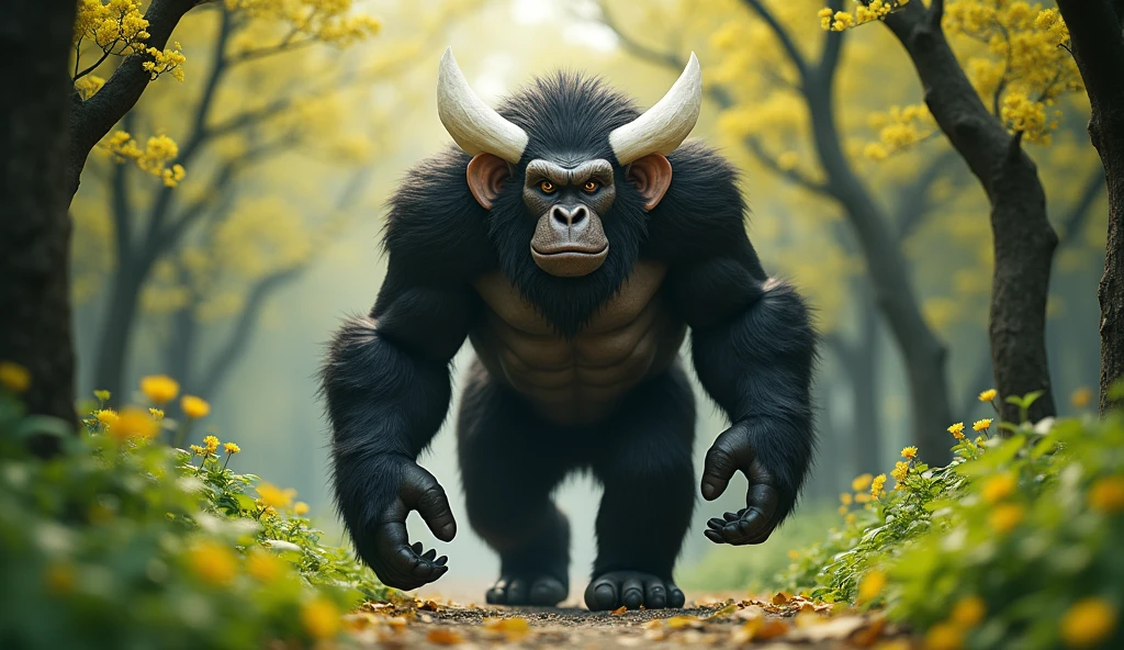 Front view，There is a wild beast in the osmanthus forest，Looks like an ape with white ears，Standing and walking（best quality，4K，8k，High level，masterpiece：1.2），Ultra Detailed，（lifelike，Photo real，Photo real：1.37）