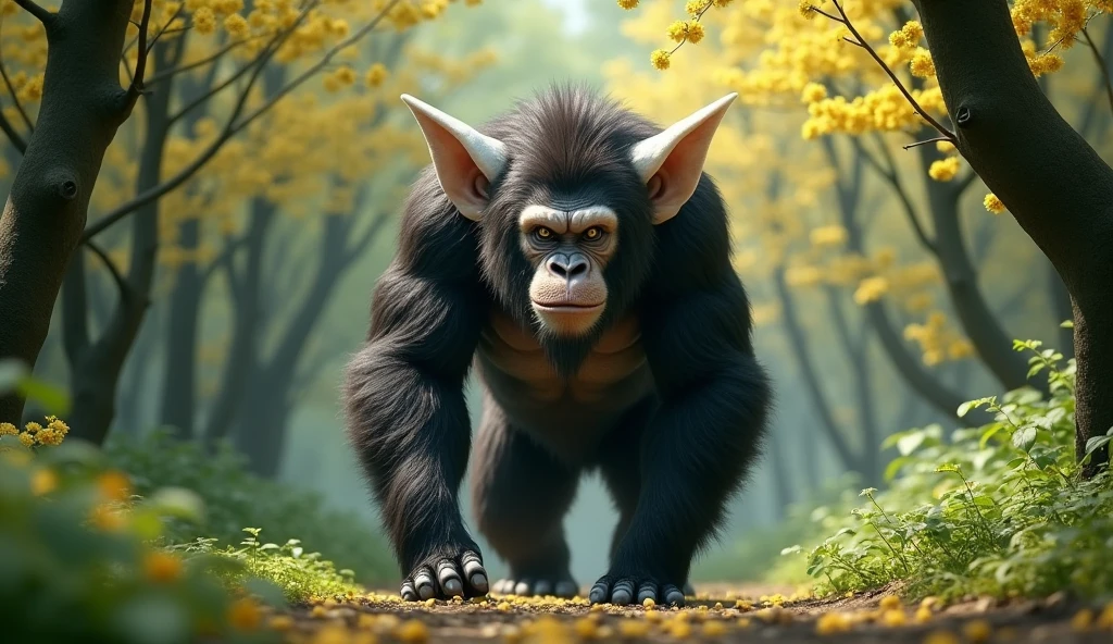 Front view，There is a wild beast in the osmanthus forest，Looks like an ape with white ears，Standing and walking（best quality，4K，8k，High level，masterpiece：1.2），Ultra Detailed，（lifelike，Photo real，Photo real：1.37）