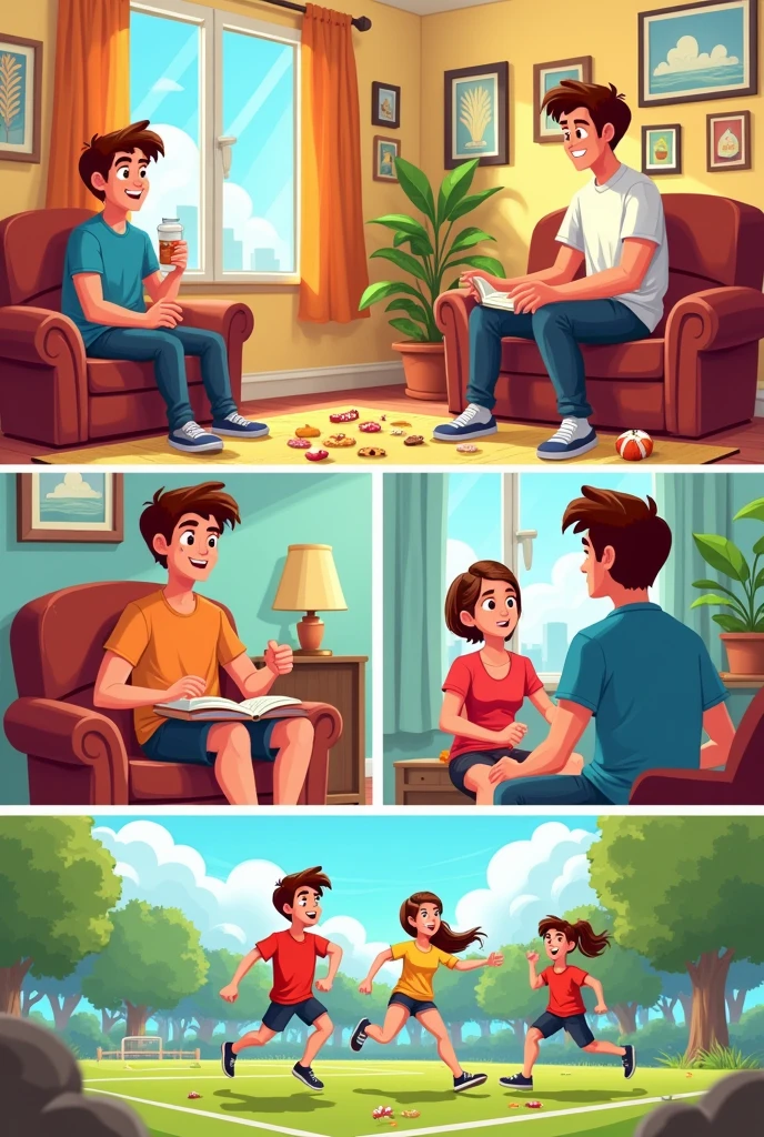 cartoon: "Get active and live!"
Viñeta 1: The Sedentary Life
(Image: Alex sitting on the couch, surrounded by snacks and watching television.)
Dialogue:
Alex: "I have no energy for anything... I just want to stay here."
Viñeta 2: The Invitation
(Image: Sara enters Alex's house, with a soccer ball in his hand and a smile.)
Dialogue:
Sara: "Hello, Alex! What are you doing? Let's go to the sports club! It is fun."
Viñeta 3: The First Attempt
(Image: Alex on the sports field, a little nervous, while other kids play.)
Dialogue:
Alex: "I don't know if I can do it... I've never played before."
Sara: "Just have fun! Everyone is here to learn."
Viñeta 4: Discovering Sport
(Image: Alex running after the ball, with an expression of emotion.)
Narration: "With each pass, Alex feels his energy growing."
Dialogue:
Alex: "This is great! I feel more alive."
Viñeta 5: El coach
(Image: A coach encouraging Alex and other boys.)
coach: "Well done, equipment! Remember, Sport improves our health and unites us."
Viñeta 6: The Challenge
(Image: Alex in a competition, with a group of friends cheering him on from the finish line.)
Dialogue:
Alex: "I can do it! I've worked hard to get here."
Viñeta 7: The Celebration
(Image: Alex with a medal, Smiling and celebrating with Sara and the coach.)
Dialogue:
Alex: "Thanks for motivating me. Sport is amazing!"
Sara: "I knew you would make it!"
Viñeta 8: Final Reflection
(Image: Alex and Sara sitting in a park, talking and laughing.)
Narration: "Now, Alex has discovered that physical activity not only improves his health, but also brings joy and new friendships."
Dialogue:
Alex: "Get active and live! I will never be sedentary again." CREATE THE IMAGES BUT WITHOUT DIALOGUE
