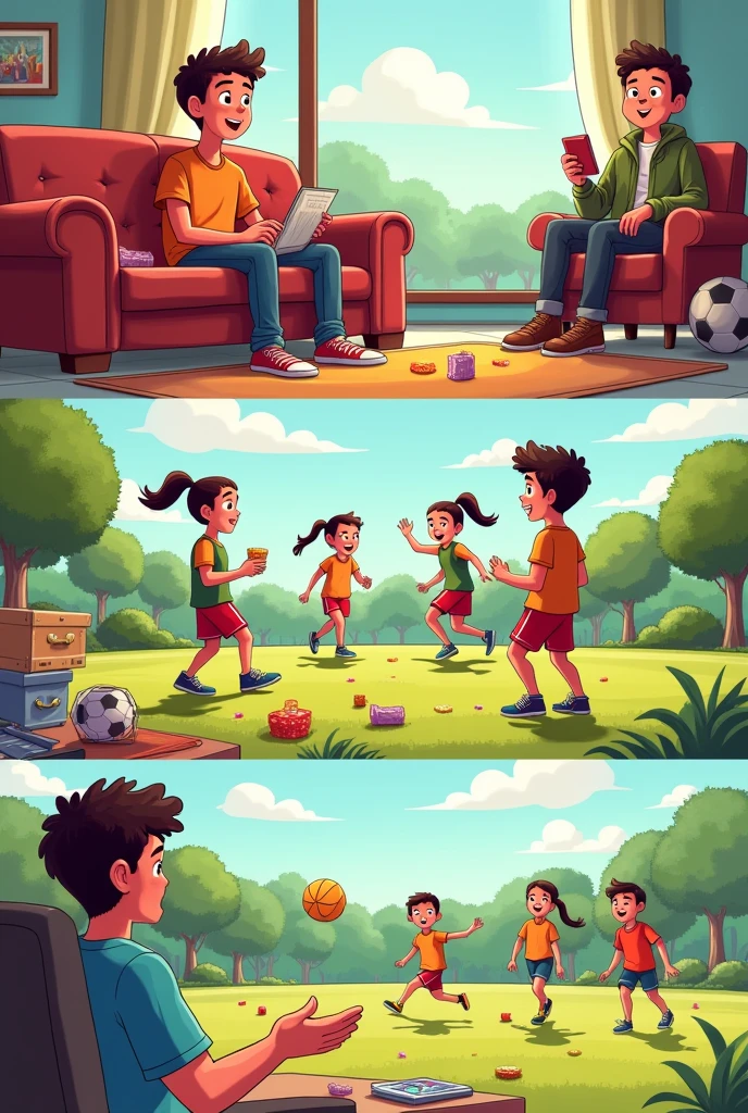 cartoon: "Get active and live!"
Viñeta 1: The Sedentary Life
(Image: Alex sitting on the couch, surrounded by snacks and watching television.)
Dialogue:
Alex: "I have no energy for anything... I just want to stay here."
Viñeta 2: The Invitation
(Image: Sara enters Alex's house, with a soccer ball in his hand and a smile.)
Dialogue:
Sara: "Hello, Alex! What are you doing? Let's go to the sports club! It is fun."
Viñeta 3: The First Attempt
(Image: Alex on the sports field, a little nervous, while other kids play.)
Dialogue:
Alex: "I don't know if I can do it... I've never played before."
Sara: "Just have fun! Everyone is here to learn."
Viñeta 4: Discovering Sport
(Image: Alex running after the ball, with an expression of emotion.)
Narration: "With each pass, Alex feels his energy growing."
Dialogue:
Alex: "This is great! I feel more alive."
Viñeta 5: El coach
(Image: A coach encouraging Alex and other boys.)
coach: "Well done, equipment! Remember, Sport improves our health and unites us."
Viñeta 6: The Challenge
(Image: Alex in a competition, with a group of friends cheering him on from the finish line.)
Dialogue:
Alex: "I can do it! I've worked hard to get here."
Viñeta 7: The Celebration
(Image: Alex with a medal, Smiling and celebrating with Sara and the coach.)
Dialogue:
Alex: "Thanks for motivating me. Sport is amazing!"
Sara: "I knew you would make it!"
Viñeta 8: Final Reflection
(Image: Alex and Sara sitting in a park, talking and laughing.)
Narration: "Now, Alex has discovered that physical activity not only improves his health, but also brings joy and new friendships."
Dialogue:
Alex: "Get active and live! I will never be sedentary again." CREATE THE IMAGES BUT WITHOUT DIALOGUE