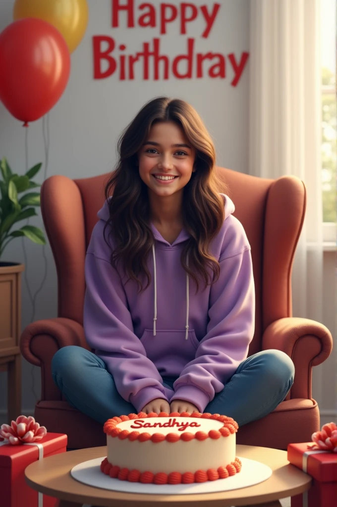 Create a realistic a profile picture where a girl is cutting his birthday cake facing forward in smiling face, purple hoodie, colour pink Sitting casually on a Wingback Chair There are giftsIying on the ground along both sides of the chair. and the cake is lying in front of table, my username "sandhya" written on the cake with Red Color, in my background HAPPY BIRTHDAY Sandhya written with Red Colors, with balloons in different colors attached on the white wall,