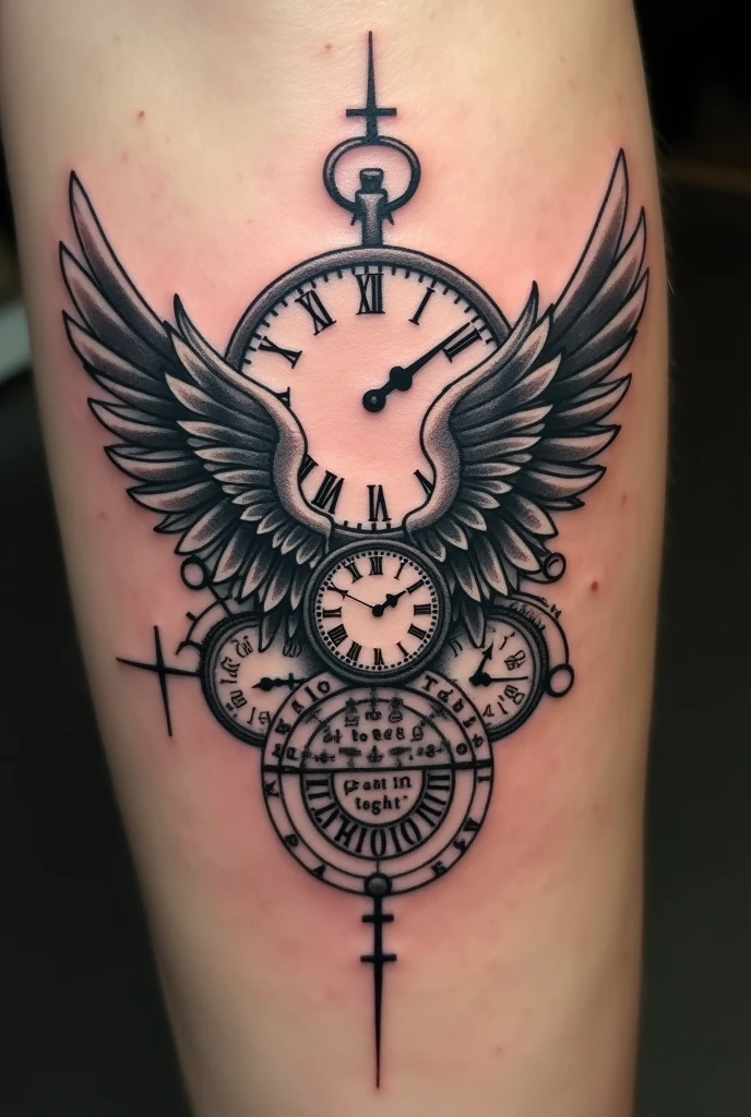 Small Wing tatoo with clocks and rune words for man