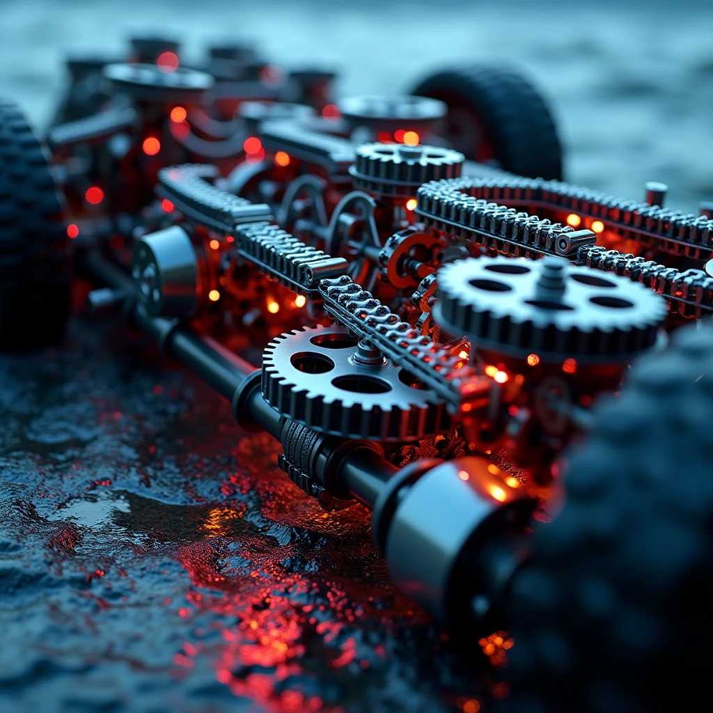 (rough sea background). So many beautiful gears and timing chains, close-up shots of the timing chains, dynamic camera work, inside of an automobile, beautiful metallic light reflections, colorful led growing from inside, focus on timing chains, black machine oil reflecting the lights