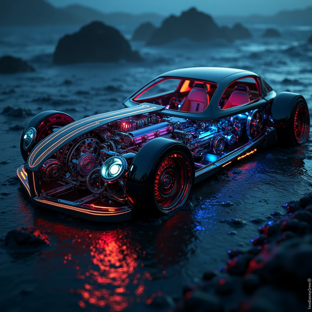 (rough sea background). So many beautiful gears and timing chains, close-up shots of the timing chains, dynamic camera work, inside of an automobile, beautiful metallic light reflections, colorful led growing from inside, focus on timing chains, black machine oil reflecting the lights
