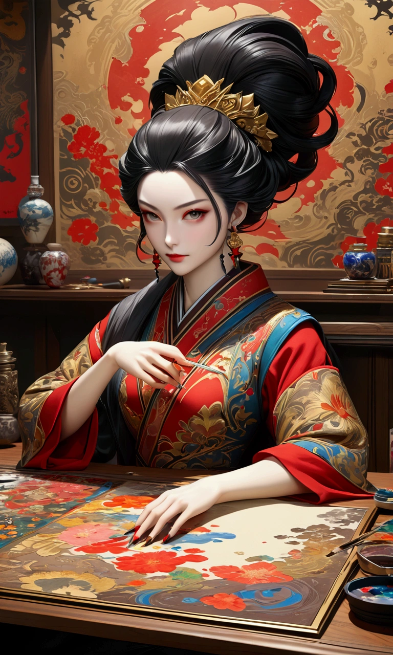 ((Very detailed)),Unbelievably absurd,on the deskに絵を書いているVillainの女性,Model paint,paintbrush,Cutter Mat,on the desk,Stained with paint, (((Villain))),Height 10 cm,((masterpiece, Highest quality, Very detailedCG, unity 8k wallpaper )),(masterpiece, Highest quality, Highest quality, Official Art, beautiful),Very vivid,High-precision images,Ultra-high resolution,Great art,Poster Art,Impressive photos,Looking away,impressive art,beautiful顔,Perfect Face
