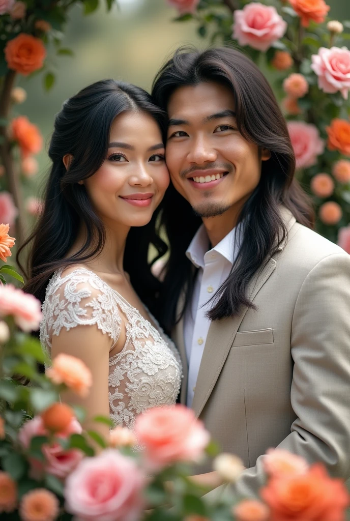 Real pinoy couple handsome boy long hair straight and girl wearing wedding standing say cheese with arounding flowers 