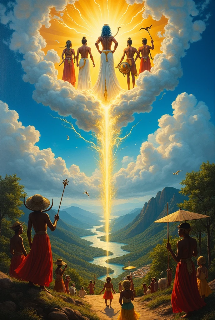A vibrant and detailed oil painting depicting the journey of the orishas from Orum to Aiê. At the top, an ethereal and luminous sky, with swirling clouds and golden sunbeams, from which majestic figures representing the orixás emerge: I hope, dressed in white and holding a staff; iemanjá, with her long blue hair and a baby in her hands; Shango, wielding an axe and surrounded by lightning; Oxóssi, with his bow and arrow and accompanied by forest animals; and Ogun, with his sword and armor, making way. A luminous trail connects heaven to earth, where a lush landscape with forests stretches, rivers, mountains and a cozy village. on Earth, people of different ethnicities celebrate the arrival of the orishas with drums, dances and offerings. The image must convey the grandeur of the journey of the orixás, its connection with nature and its importance for humanity. Use vibrant and contrasting colors, como azul, Unripe, yellow, red and white. The composition must be balanced and dynamic, focusing on the orixás and their interaction with the earthly world.