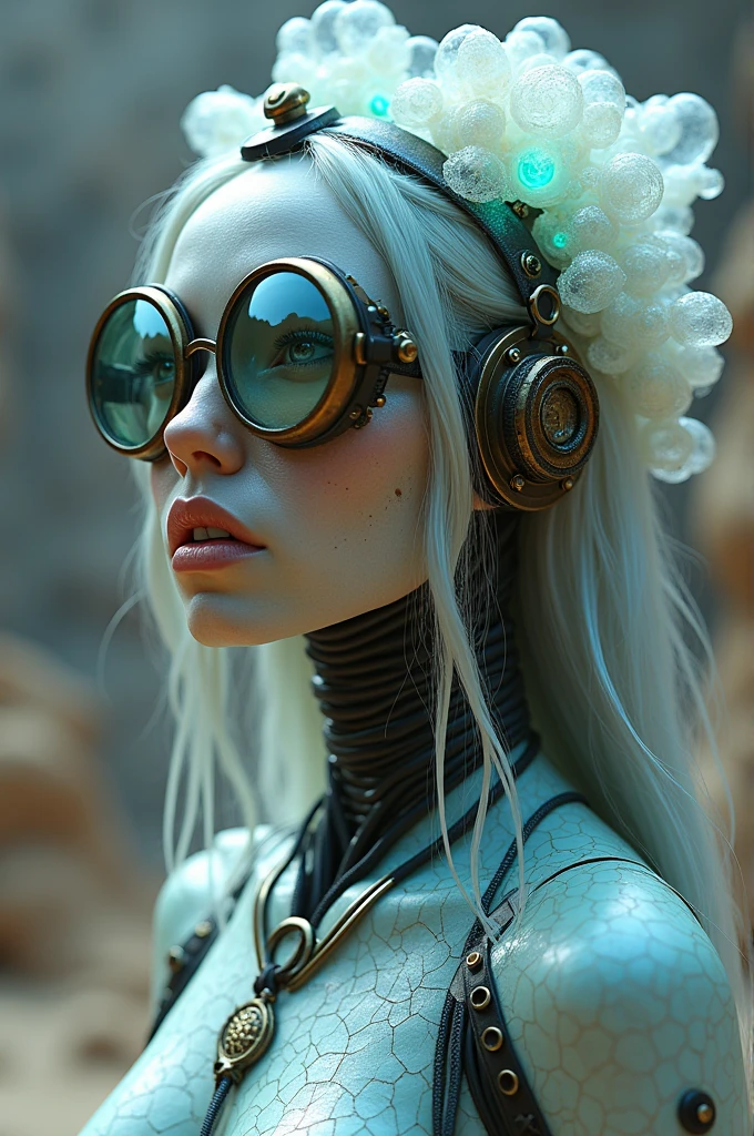 Ethereal Cyborg Woman, bioluminescent jellyfish tiara. Steampunk goggles merge with translucent tentacles. Cracked porcelain skin meets iridescent scales. Mechanical implants and delicate tendrils intertwine. Human characteristics with an otherworldly glow. Dreamy aquatic tones contrast with aged metal. Reflective eyes capture invisible worlds. Gentle bioluminescence meets a harsh desert landscape. Fusion of organic and synthetic, ancient and futuristic. Hyper-detailed textures, surreal atmosphere.
