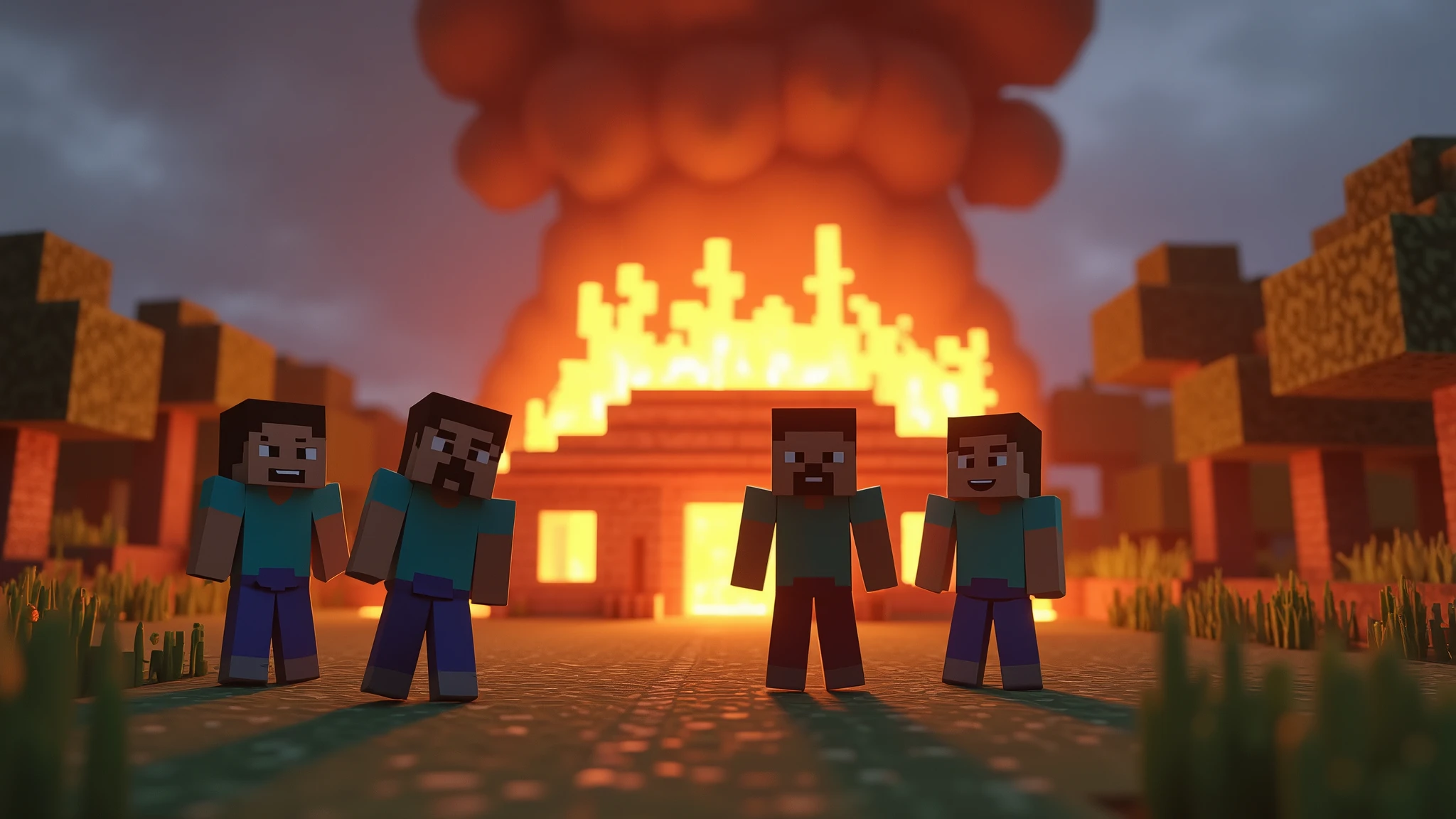 A Minecraft-themed scene with a pixelated house on fire in the background, flames, and smoke rising from the structure. In the foreground, four Minecraft characters (with blocky bodies and pixelated faces) are standing, each with different expressions like shock, fear, or determination. The characters should be wearing typical Minecraft outfits and be in various poses reacting to the burning house. The overall scene should be vibrant and attention-grabbing, perfect for a YouTube thumbnail 8k