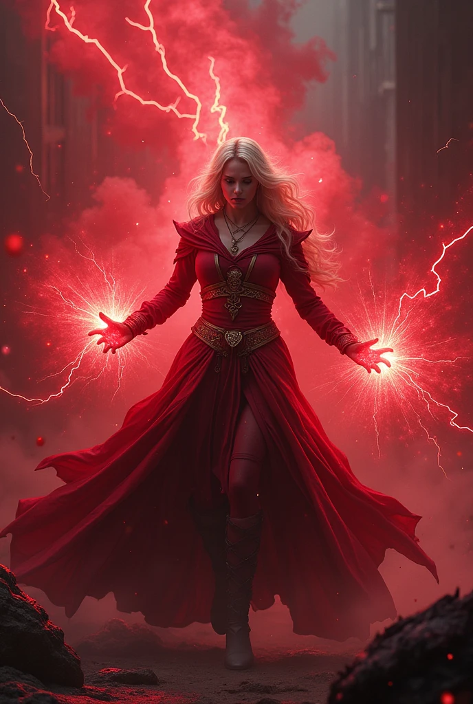 Witch using red magic to defeat a monster
