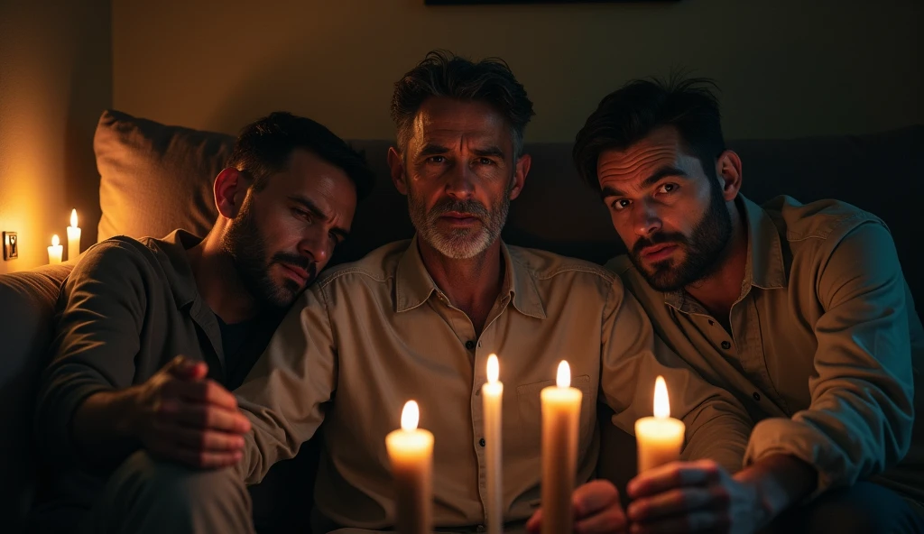 A group of anxious men sitting inside their homes with worried expressions, surrounded by candles, refusing to step outside.