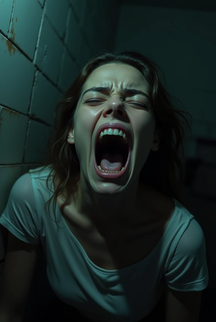 a woman trying to scream but no sound comes out in a room