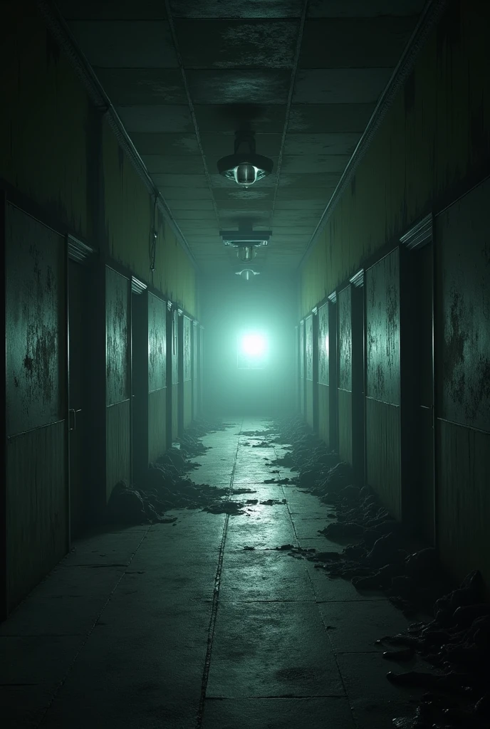 A picture in an old school in a long hallway where everything is old and abandoned and you look from the ego perspective and have a flashlight that shines in the direction of the hallway without a person and above it says shredded Lostplace Hunter