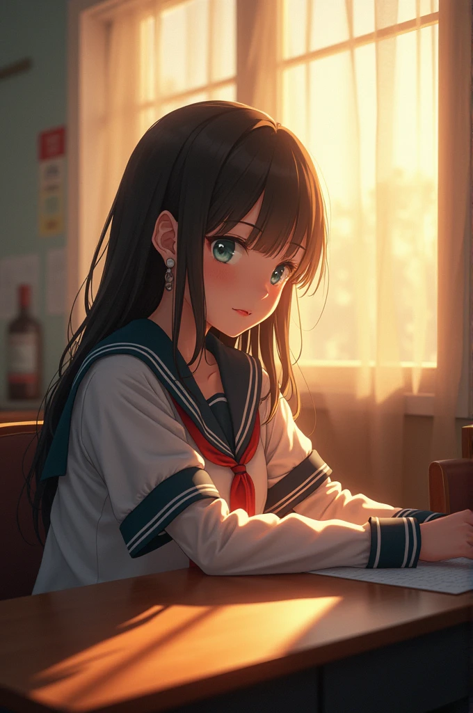 Shooting people in the style of modern photography, afternoon classrooms. The character is a Japanese high school girl dressed in a sailor's costume, sitting by a classroom window. The setting sun shone through the breezy curtains and cast mottled shadows on one side of her face and on her desk. It's so detailed, you can see her pores