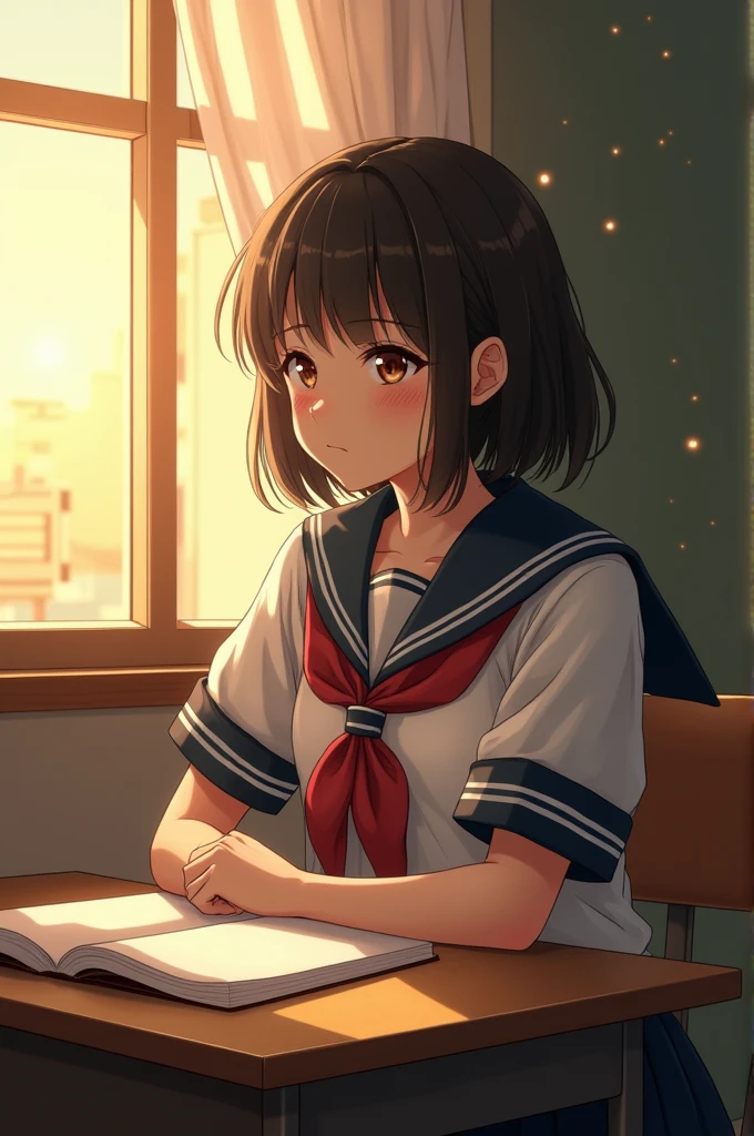 Shooting people in the style of modern photography, afternoon classrooms. The character is a Japanese high school girl dressed in a sailor's costume, sitting by a classroom window. The setting sun shone through the breezy curtains and cast mottled shadows on one side of her face and on her desk. It's so detailed, you can see her pores