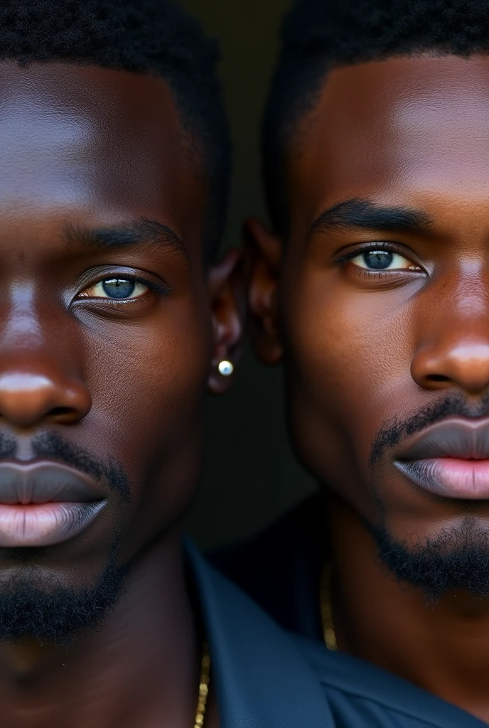 A handsome 2 Beninese , with blue eyes , realistic, ultra realistic, Facing the camera 