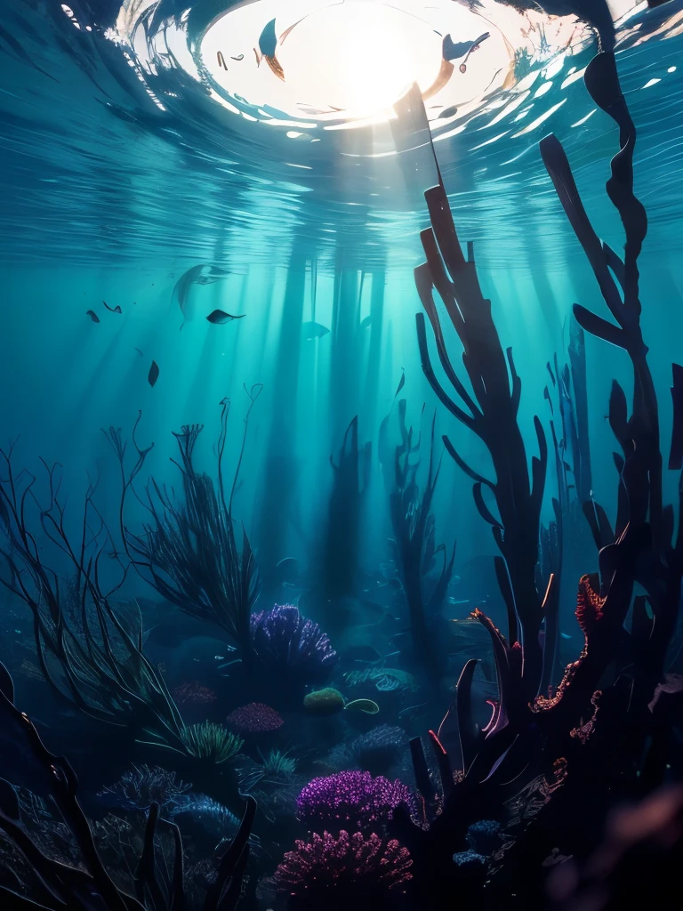 sunlight shining through the seaweed in a large aquarium, a photo by Carl Rahl, flickr, conceptual art, kelp forest, kelp and moss all over, tall kelp, kelp, sea kelp, deep colours. ”, seaweed and bubles, floating kelp, great light and shadows”, underwater perspective, sea weed, overwhelming depth and detail, seaweed
